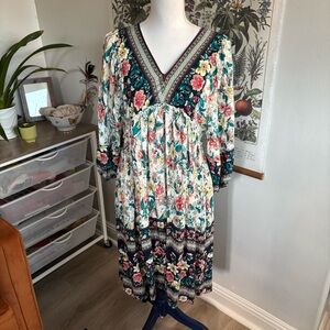Ott Floral V-Neck Bohemian Dress Small